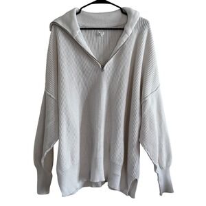 Aerie White 100%‎ Cotton Quarter Zip Oversized Knit Sweater Size Medium